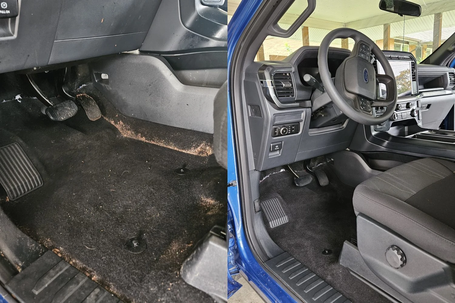 Truck driver footwell before and after detailing